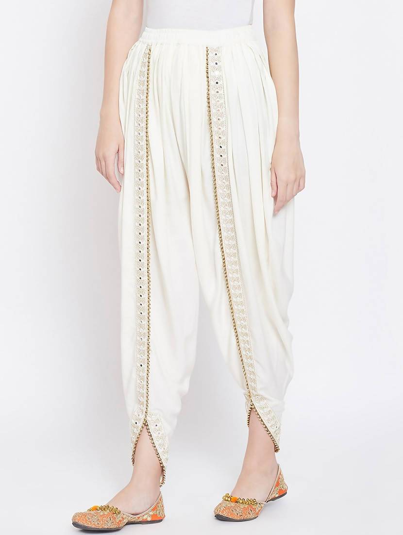 Women's White Viscose Rayon Dhoti With Golden Lace - Cheera