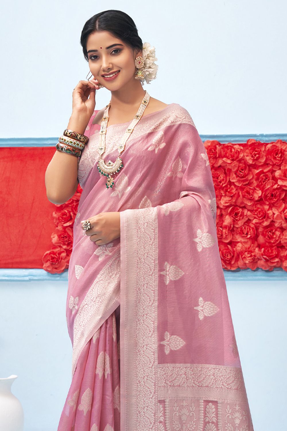 Women's Pink Cotton Woven Zari Work Traditional Saree - Sangam Prints
