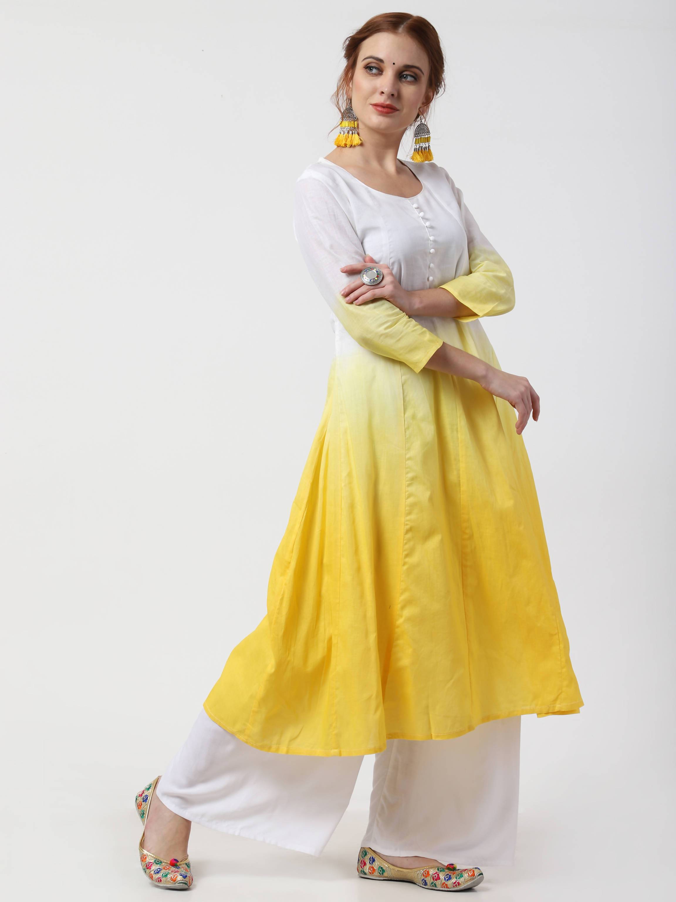 Women's Yellow & White Cotton Double Dyed Ombre Kurta, Palazzo & Dupatta Set - Cheera