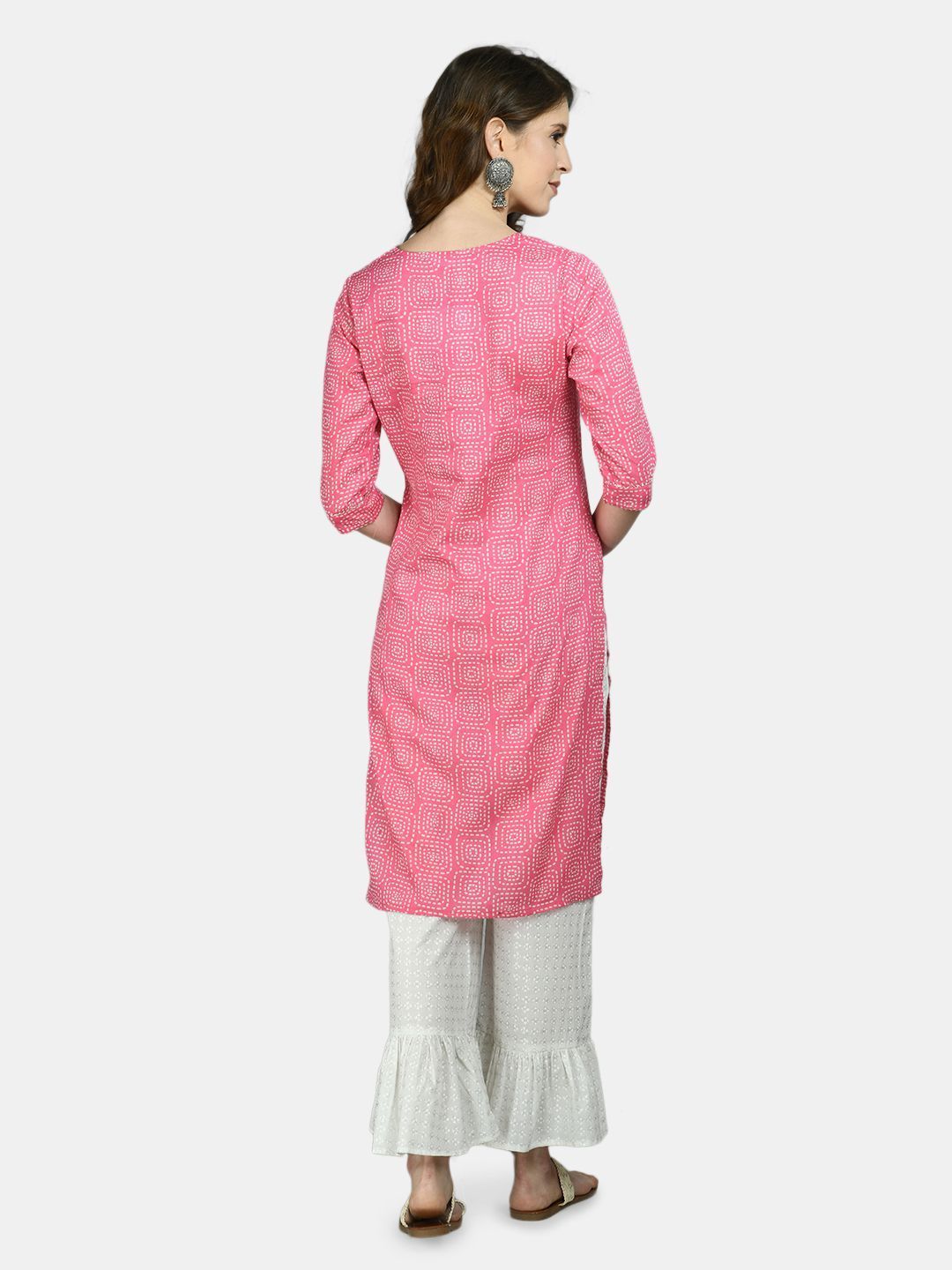 Women's Pink Cotton Printed 3/4 Sleeve Round Neck Casual Kurta Palazzo Set - Myshka