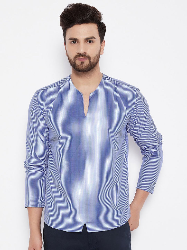 Men's  Blue Solid Cotton Kurta