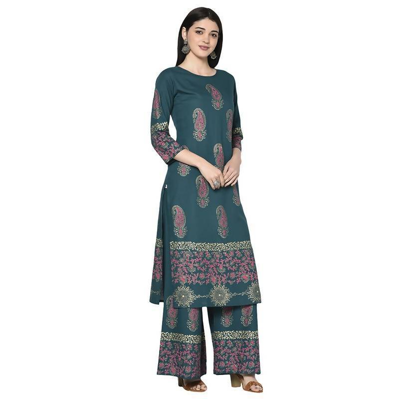 Women's Teal Blue Rayon Block print straight kurta Palazzo set