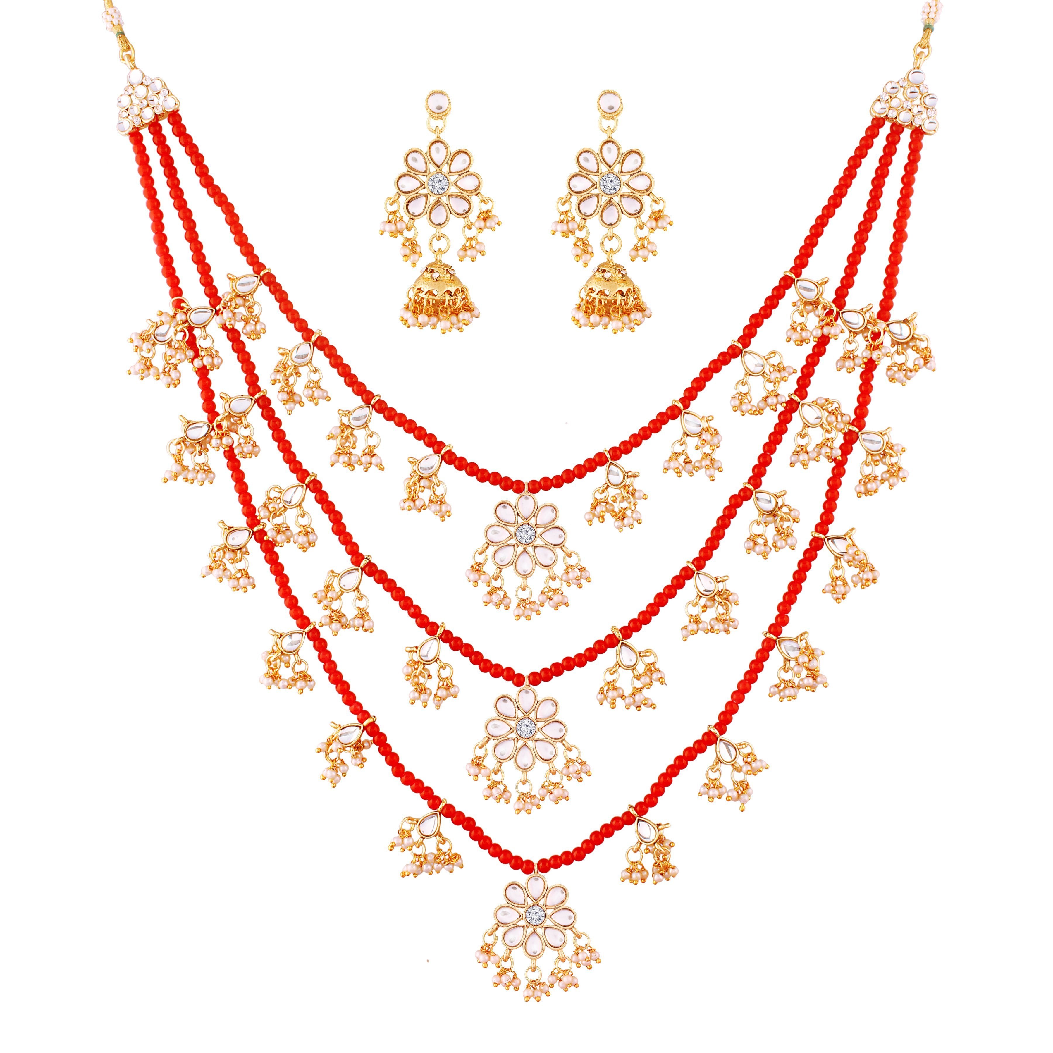 Women's 3 Layered Multi Strand Floral Red Kundan & Pearl Beaded Necklace - i jewels