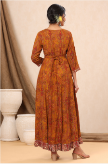 Women's Mustard Rayon Printed Flared Dress with Belt - Juniper