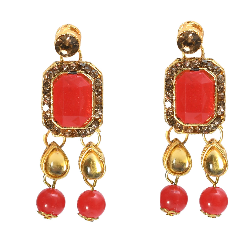 Kamal Johar Gold-Plated Red Color Stone & Pearls Necklace with Earrings ,