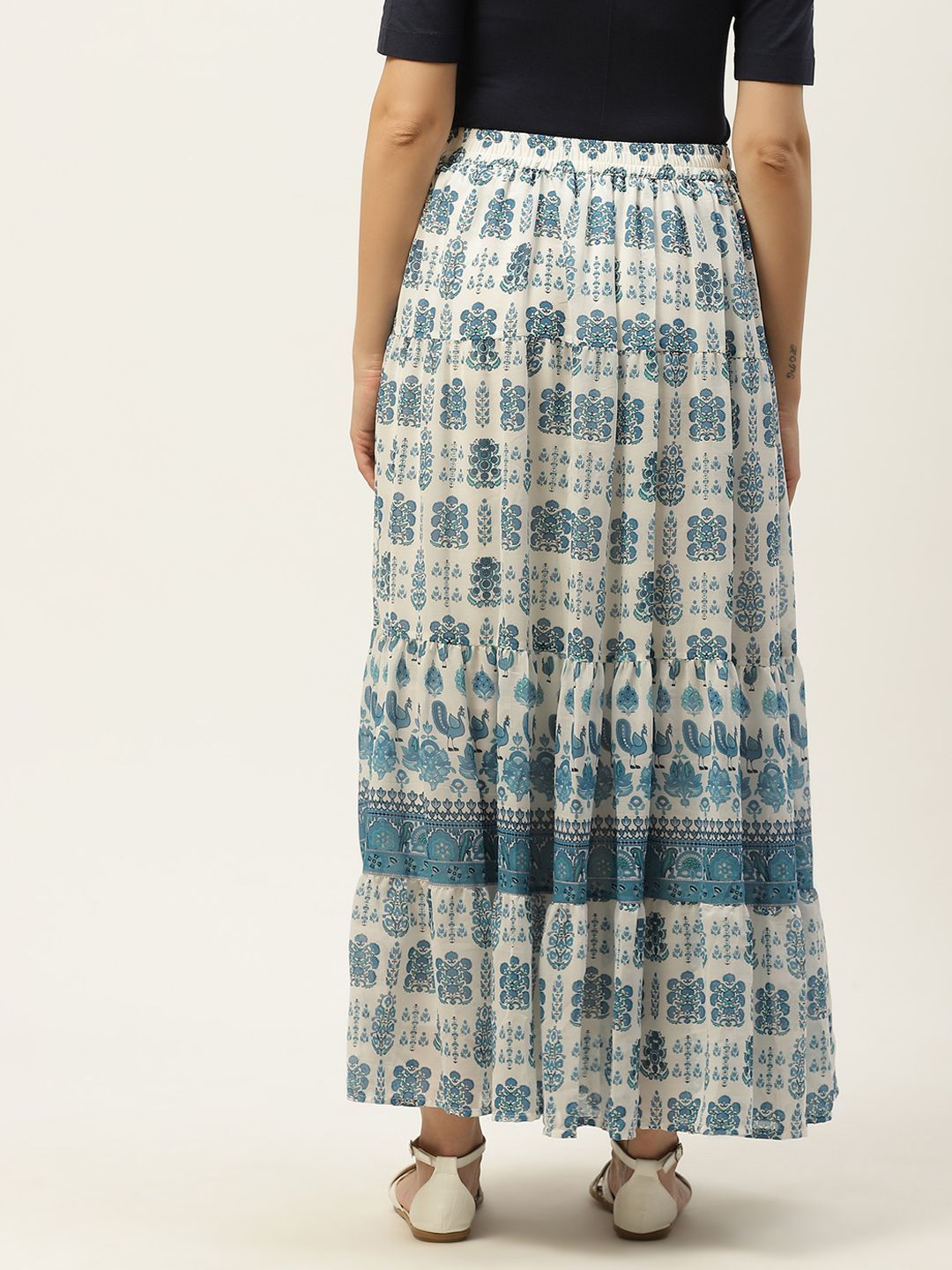 Women's Blue Georgette Placement Print Tiered Skirt - Juniper