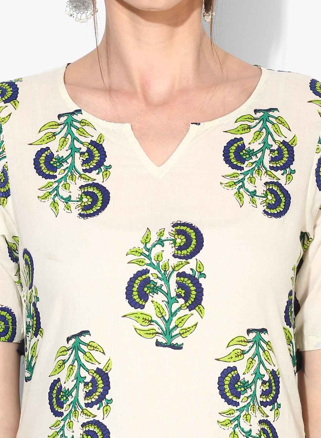 Women's White Cotton Blend Printed Short Sleeve V Neck Casual Kurta Set - Myshka