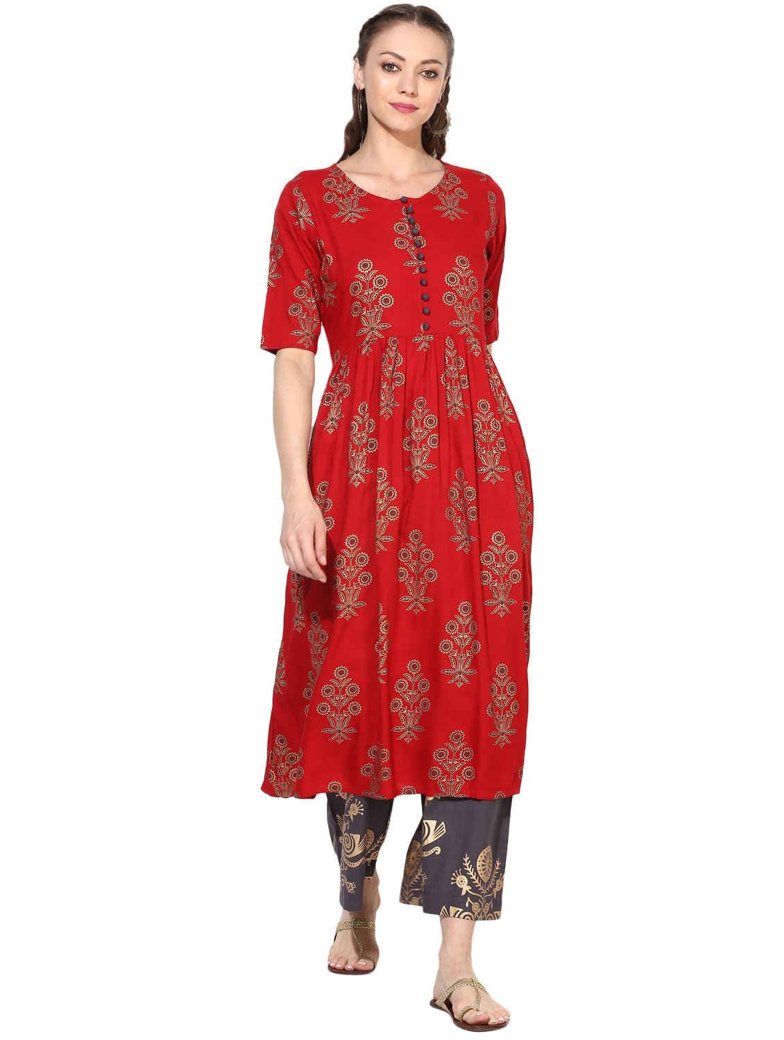 Women's Red Cotton Blend Printed Short Sleeve Round Neck Casual Kurta Set - Myshka