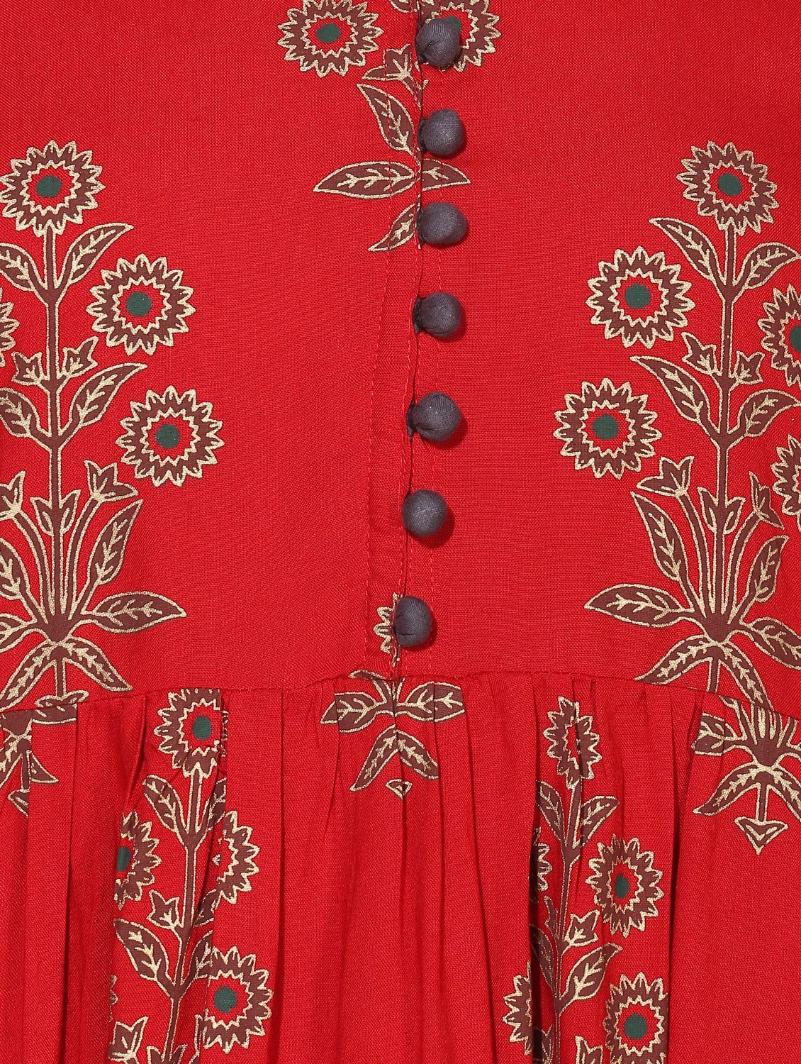 Women's Red Cotton Blend Printed Short Sleeve Round Neck Casual Kurta Set - Myshka