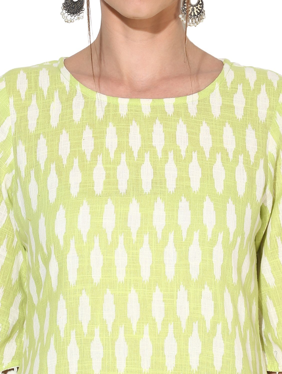 Women's Green Cotton Blend Printed Short Sleeve Round Neck Casual Kurta Set - Myshka