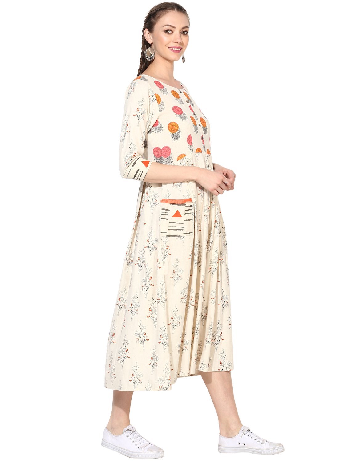 Women's Cotton Printed Three-Fourth Sleeve Round Casual Dress - Myshka