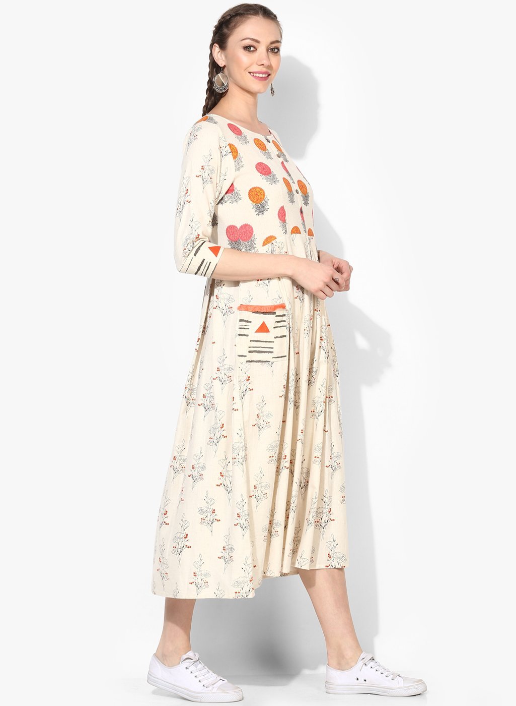 Women's Cotton Printed Three-Fourth Sleeve Round Casual Dress - Myshka