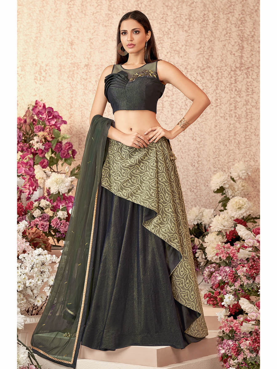 Women's Black and Green Embroidered Florence Designer lehenga-Myracouture