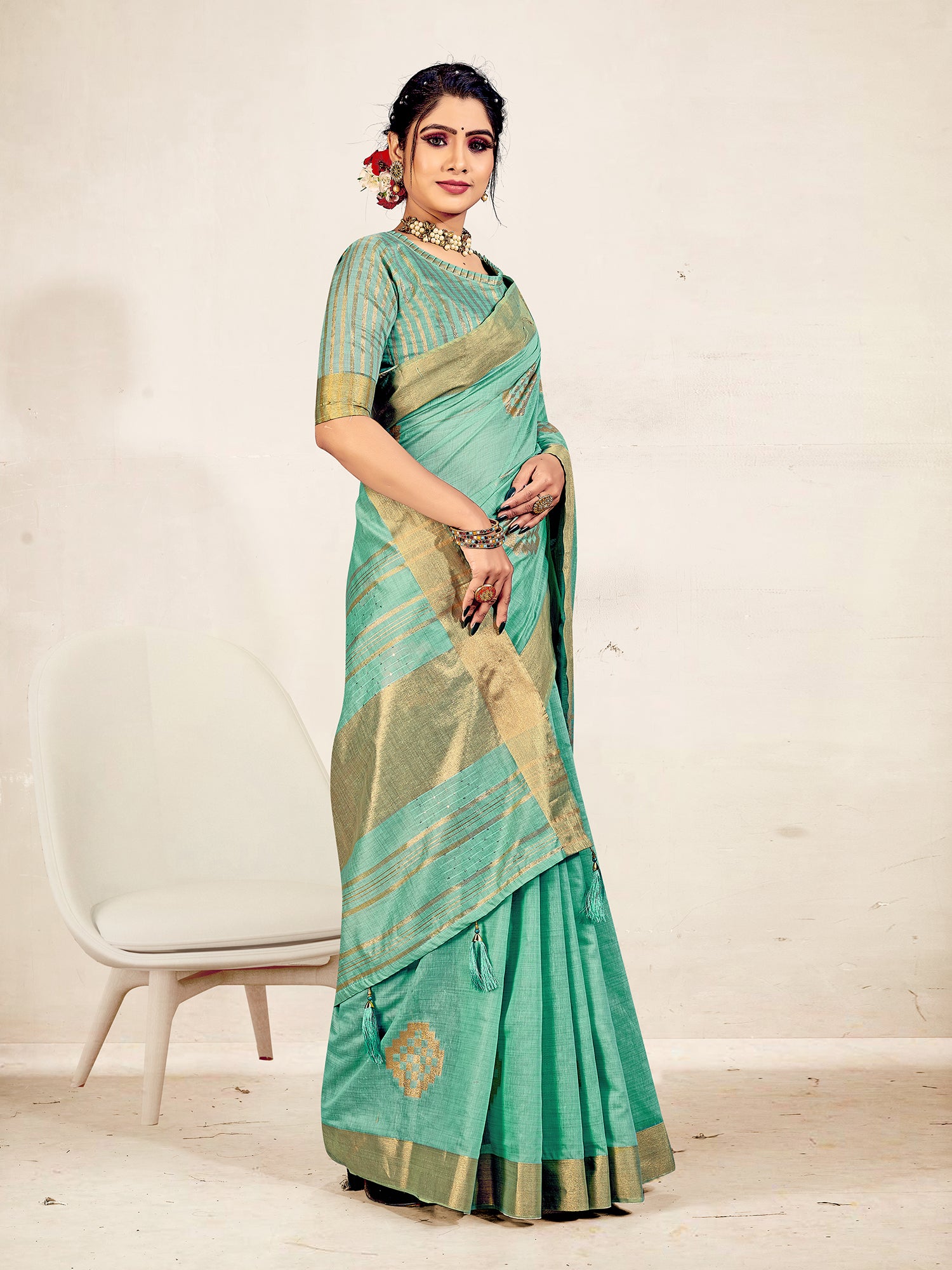 Women's Turquoise Saree With Blouse Set - Sweet Smile
