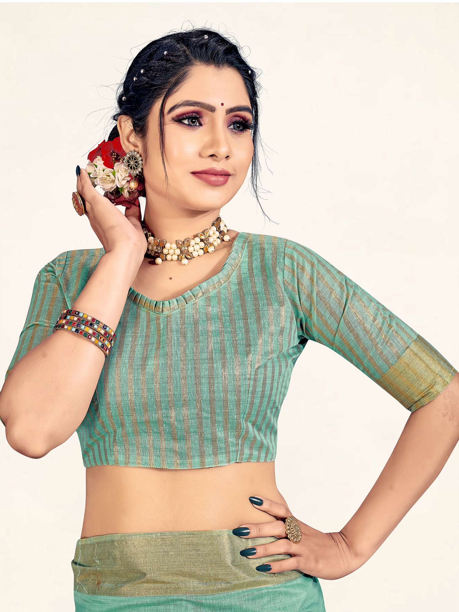 Women's Turquoise Saree With Blouse Set - Sweet Smile