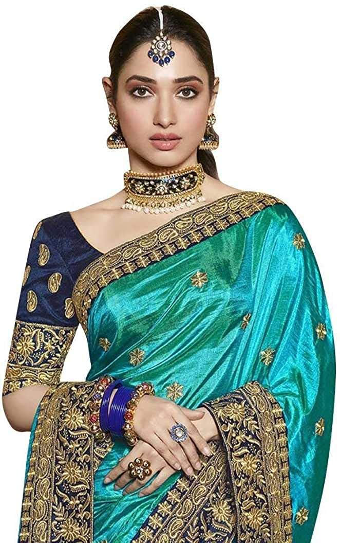Women's Rama Green Embroidery Sana Silk Saree - Vamika