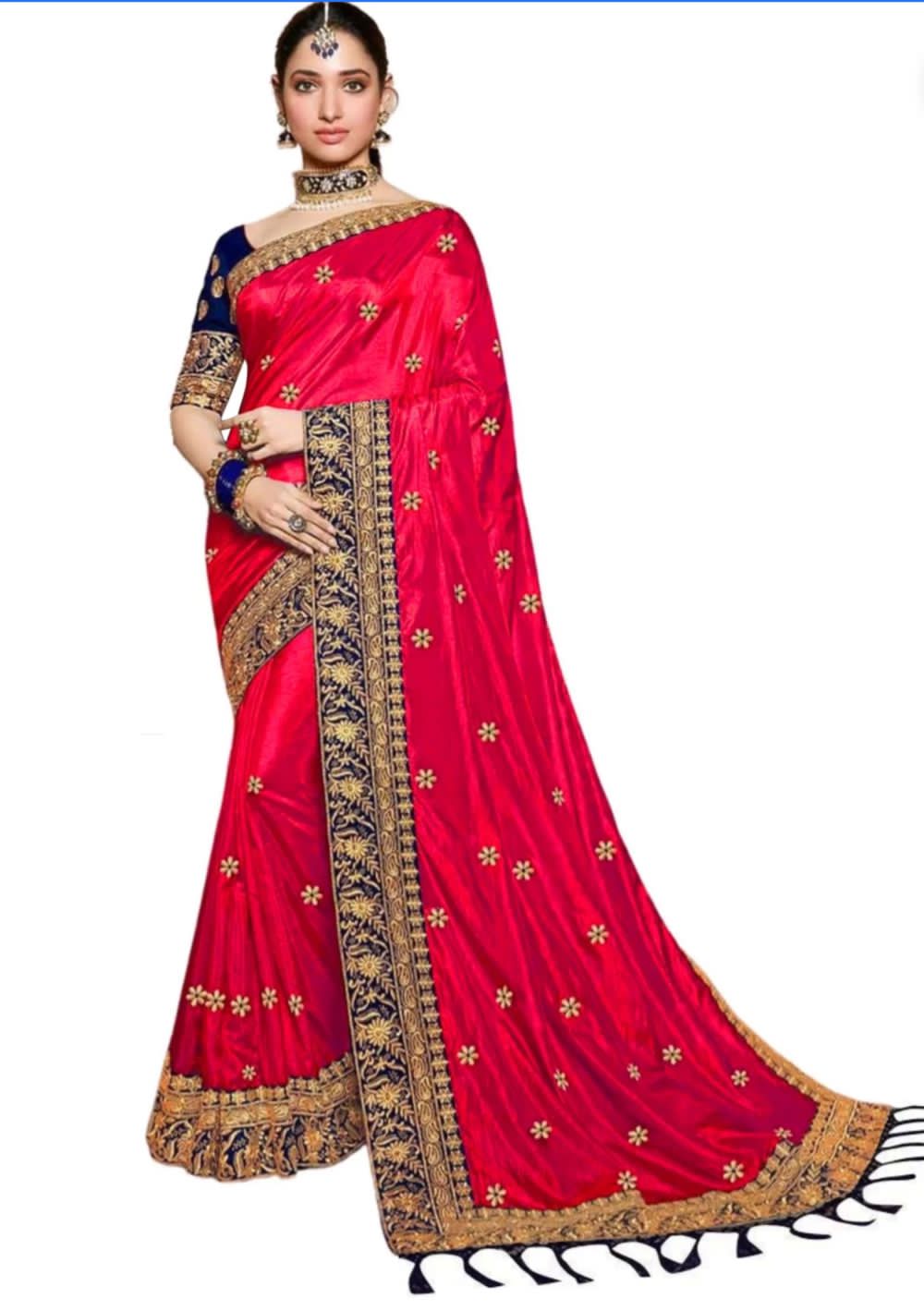 Women's Red Embroidery Sana Silk Saree - Vamika