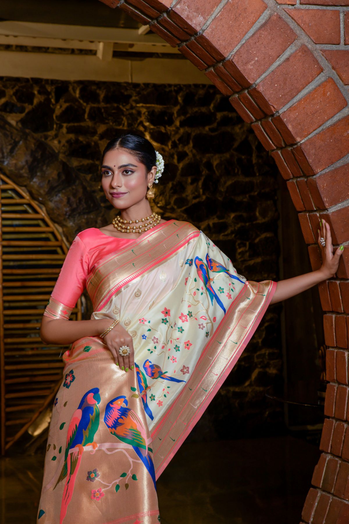 Women's Cream Zari Paithani Silk Saree with Tassels - Vishnu Weaves