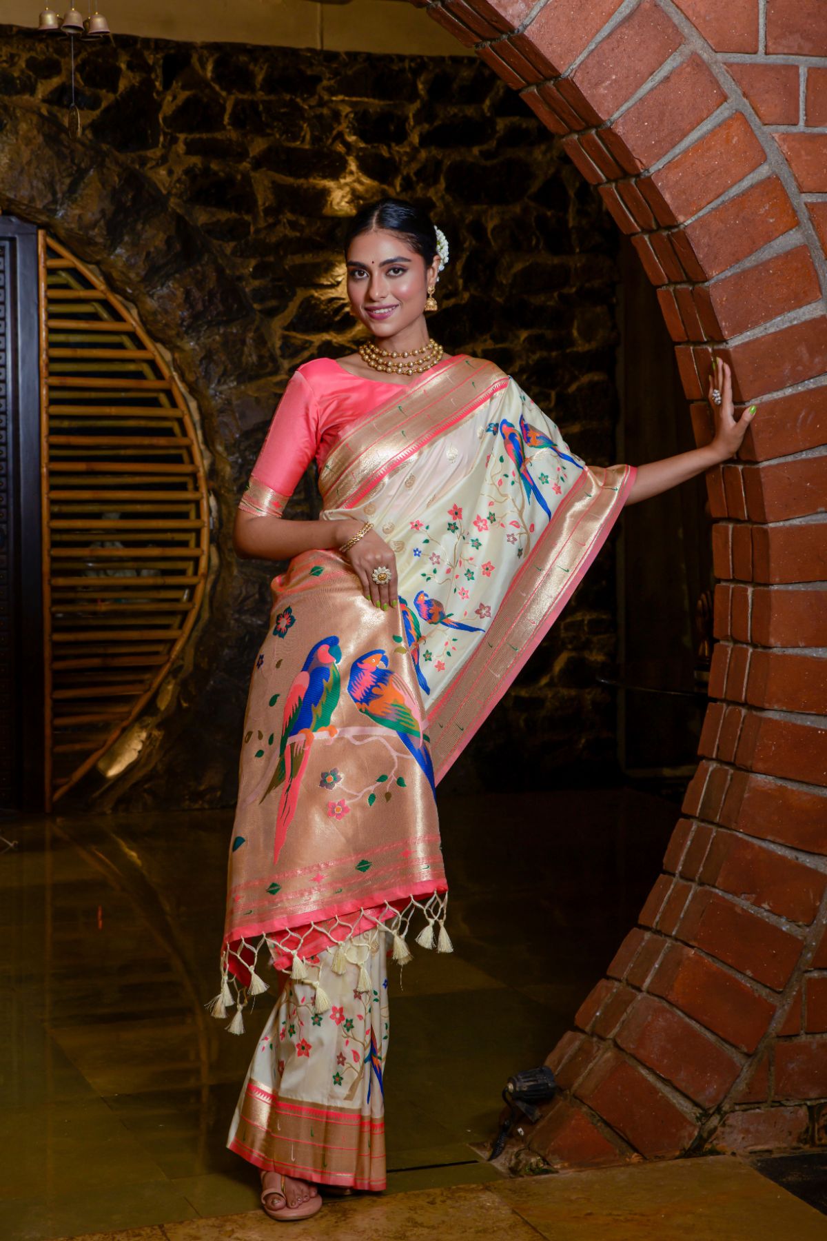 Women's Cream Zari Paithani Silk Saree with Tassels - Vishnu Weaves