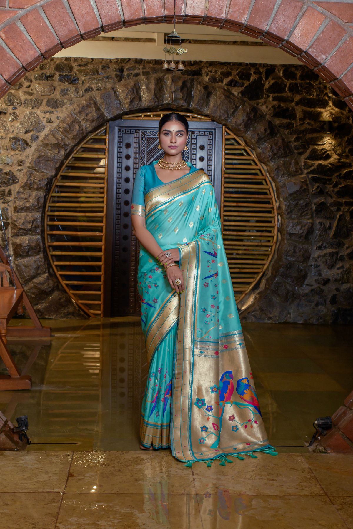 Women's Sea Green Zari Paithani Silk Saree with Tassels - Vishnu Weaves