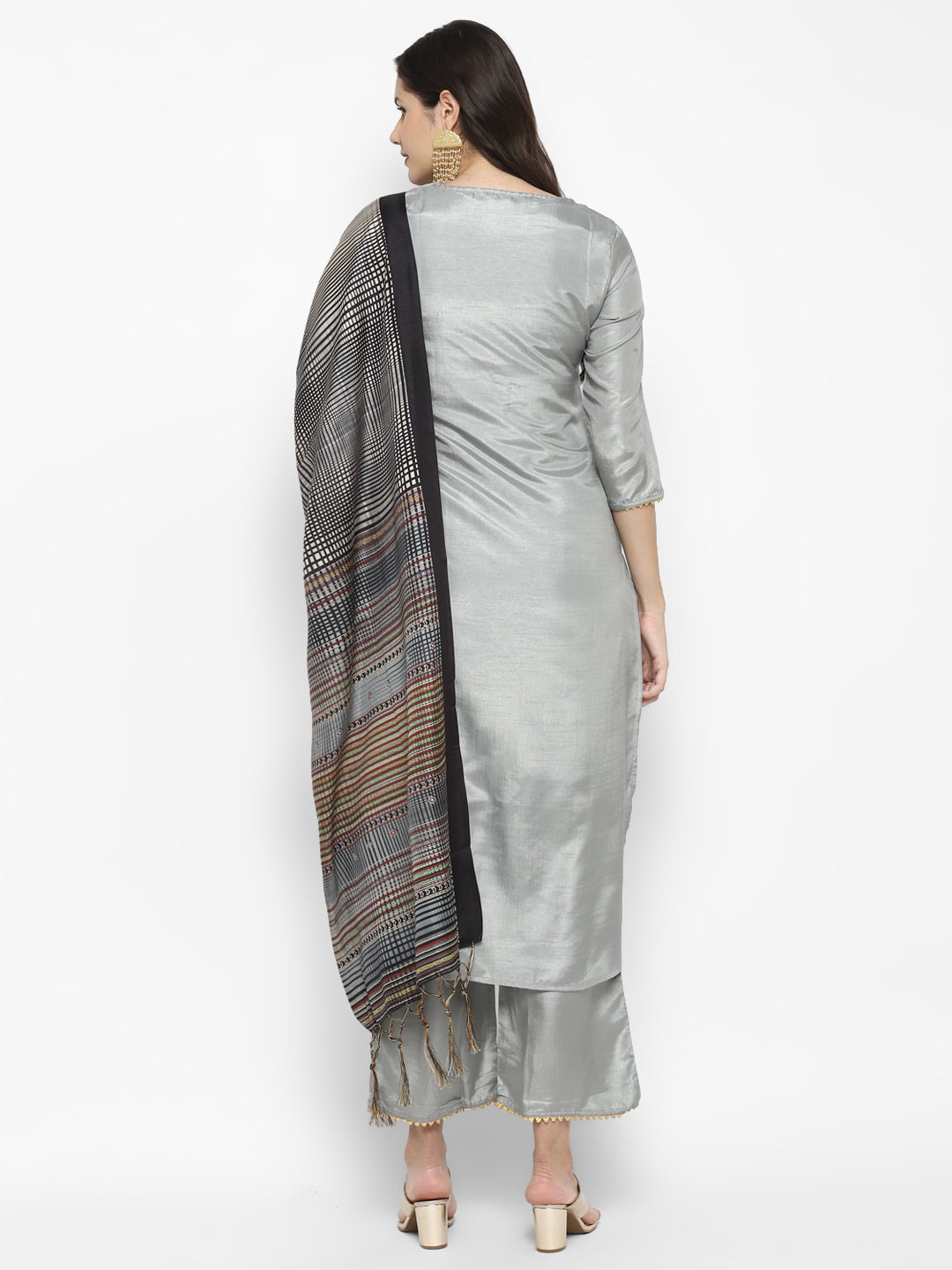 Women's Grey Color Silk Blend Straight Kurta Palazzo With Dupatta - VAABA