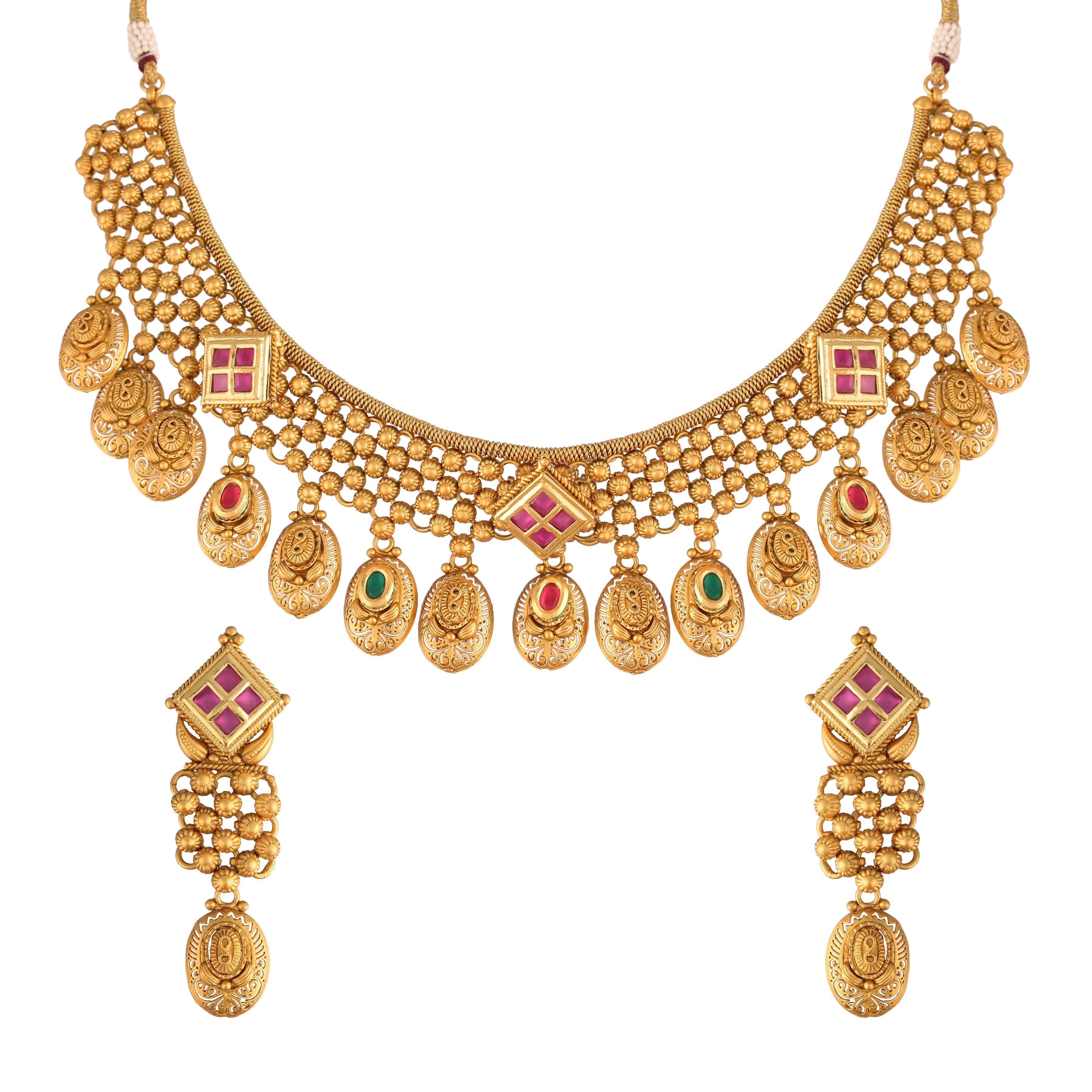Women's 18K Gold Plated Traditional Brass Jewellery Set Glided with Uncut Polki Kundan - I Jewels