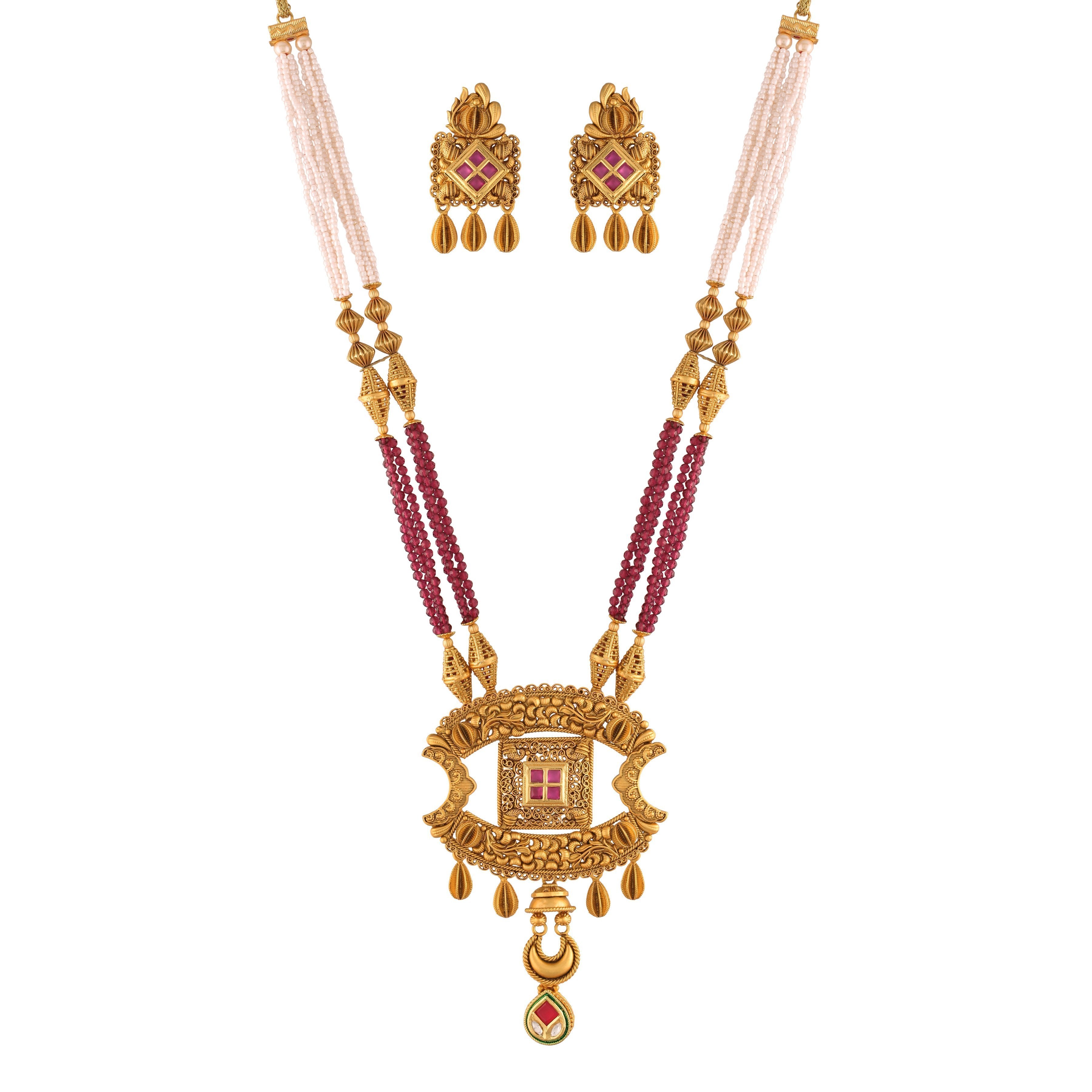 Women's 18K Gold Plated Traditional Long Beaded Brass Jewellery Set with Uncut Polki Kundan - I Jewels