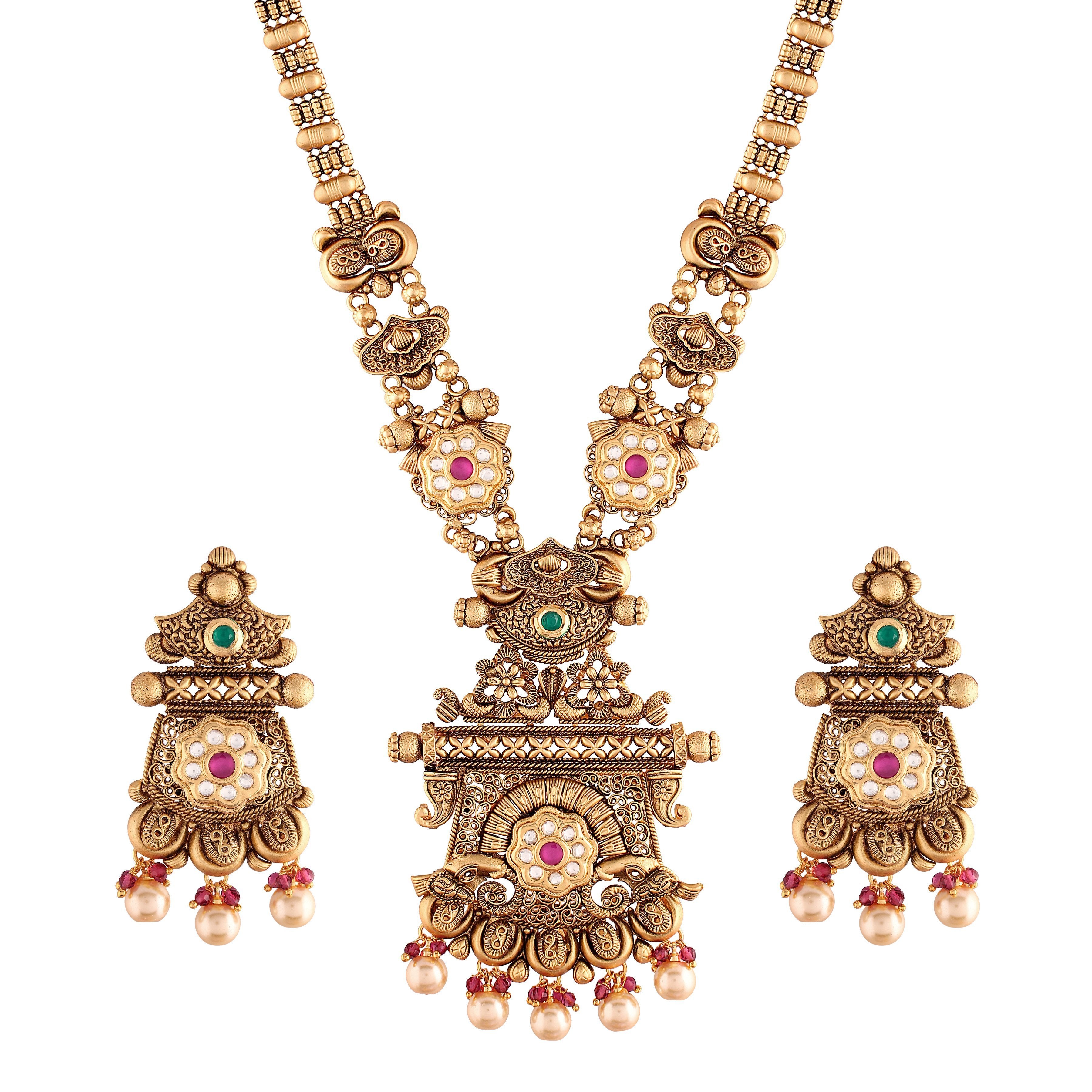 Women's 18k Gold Plated Traditional Long Brass Jewellery Set With Earrings - I Jewels