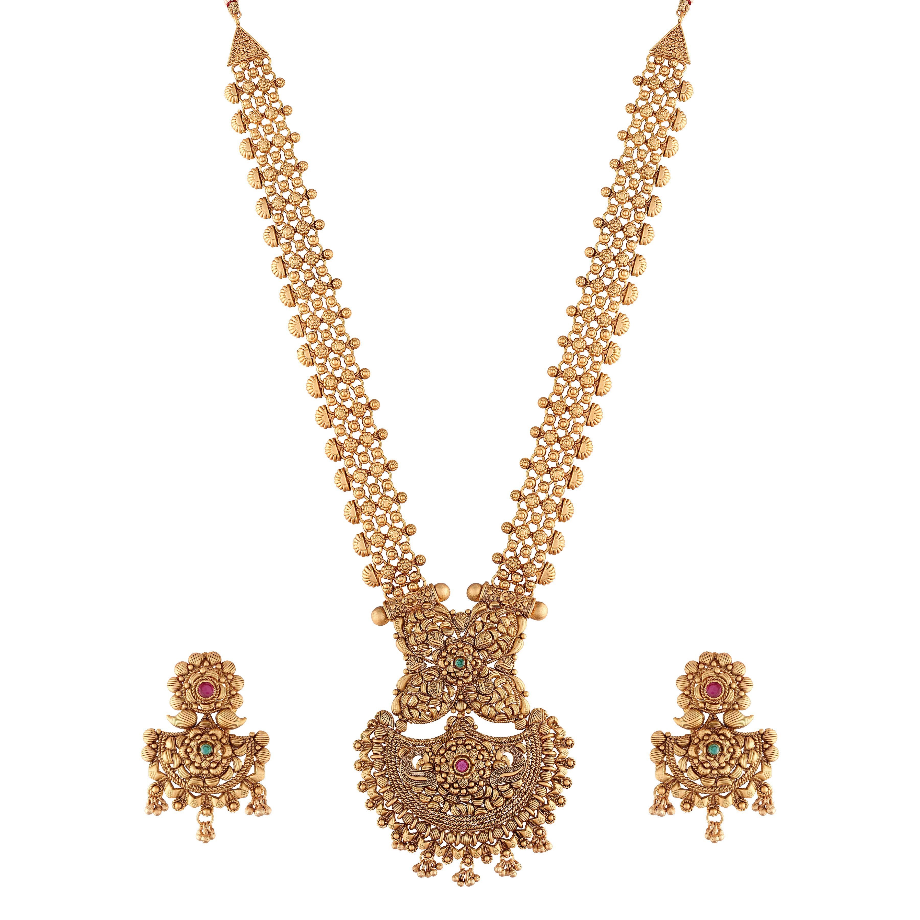 Women's 18k Gold Plated Traditional Long Brass Jewellery Set With Earrings - I Jewels