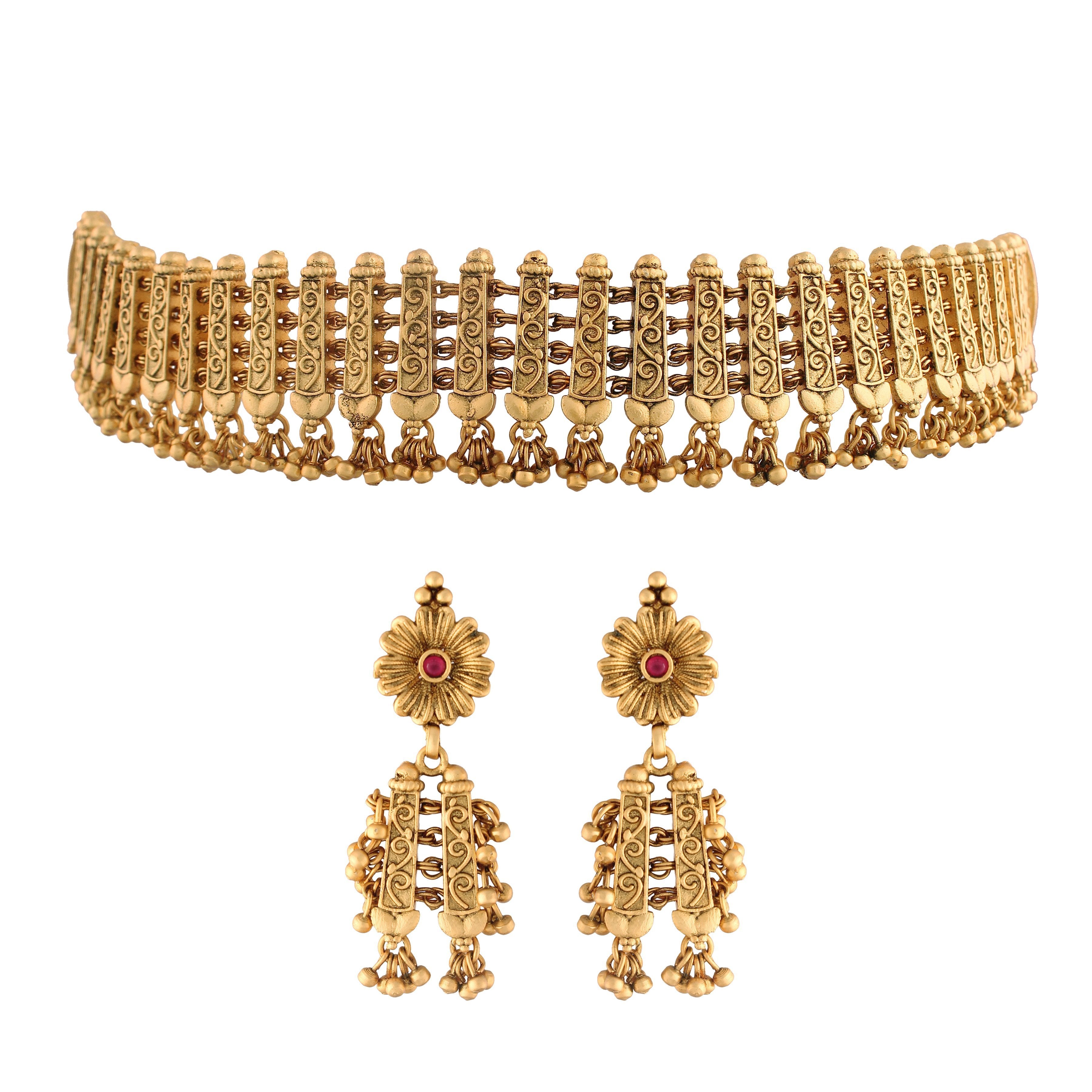 Women's 18k Gold Plated Traditional Choker Brass Jewellery Set With Earrings - I Jewels