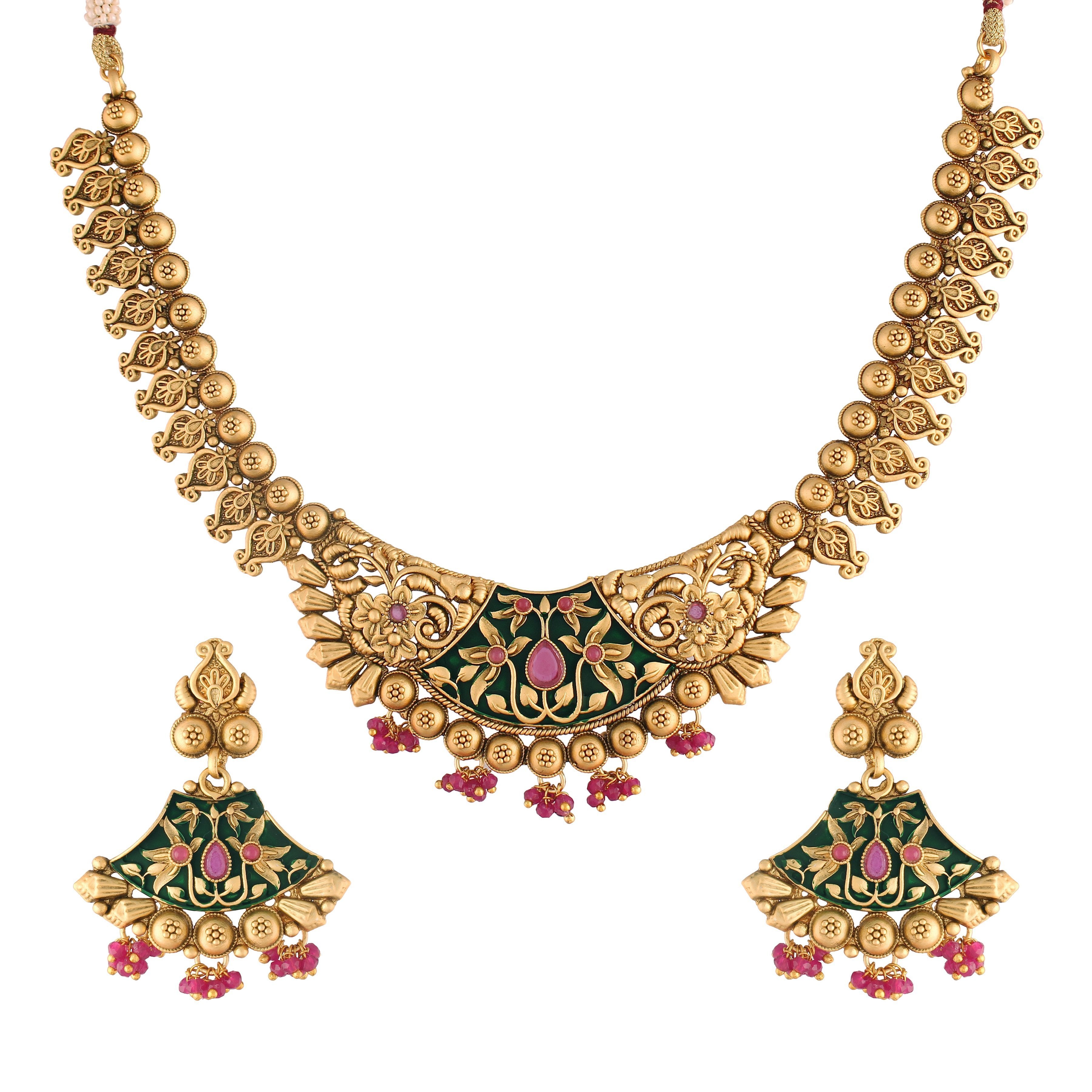 Women's 18k Gold Plated Traditional Choker Brass Jewellery Set With Earrings - I Jewels