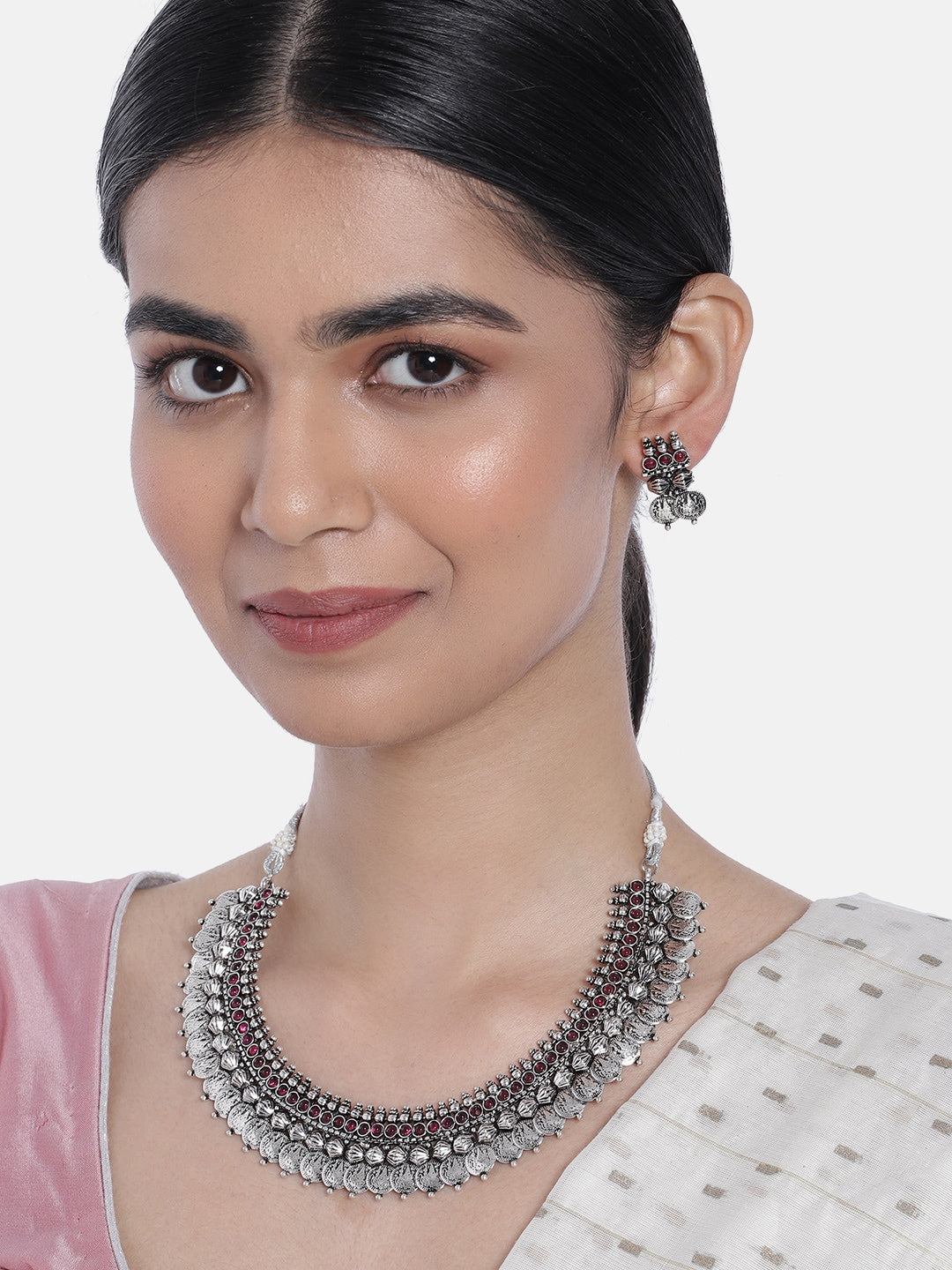 Women's 18K Rhodium Plated Traditional South Indian Stylish Necklace With Earrings. - I Jewels