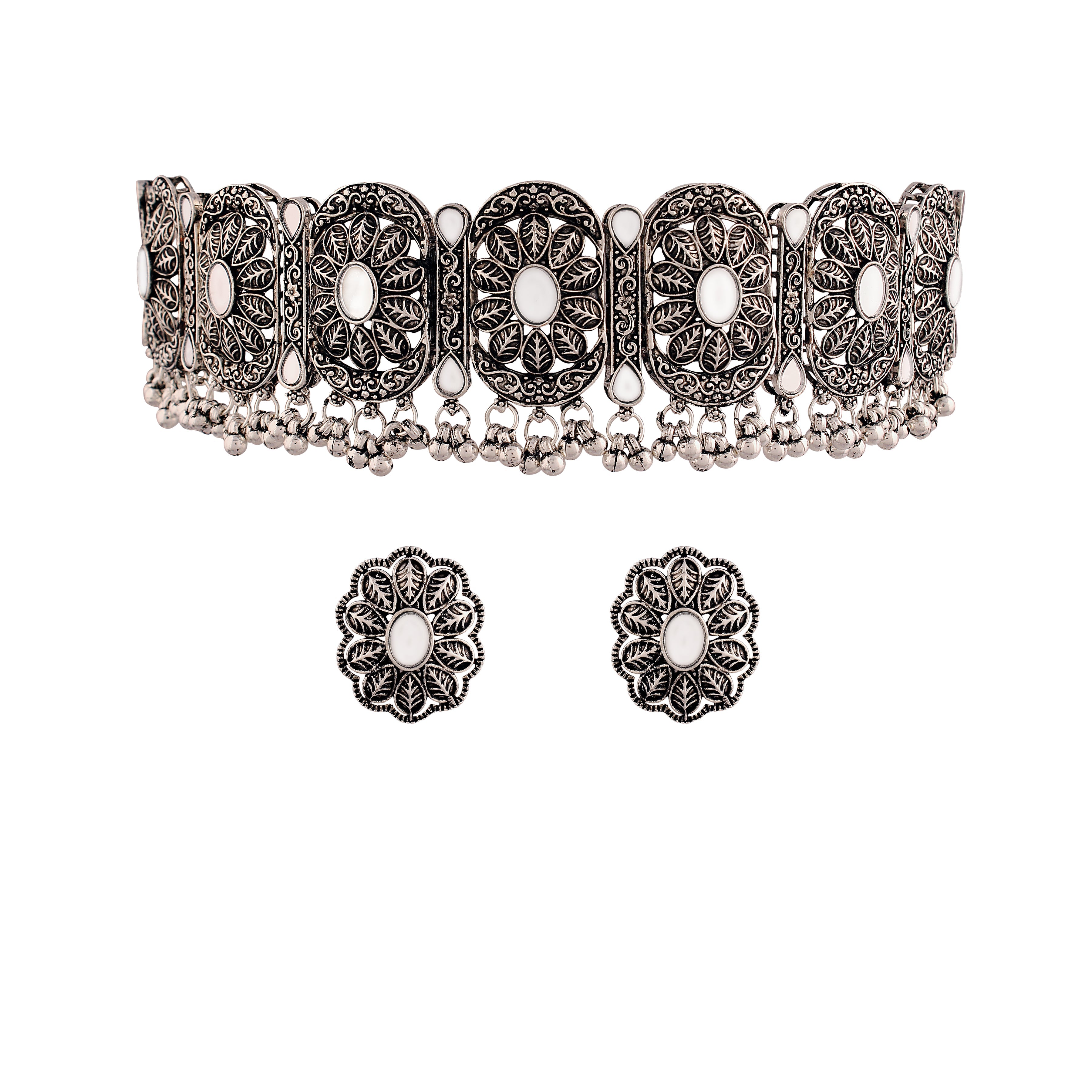 Women's Oxidised Silver Plated Afghani Choker Necklace Jewellery Set - I Jewels