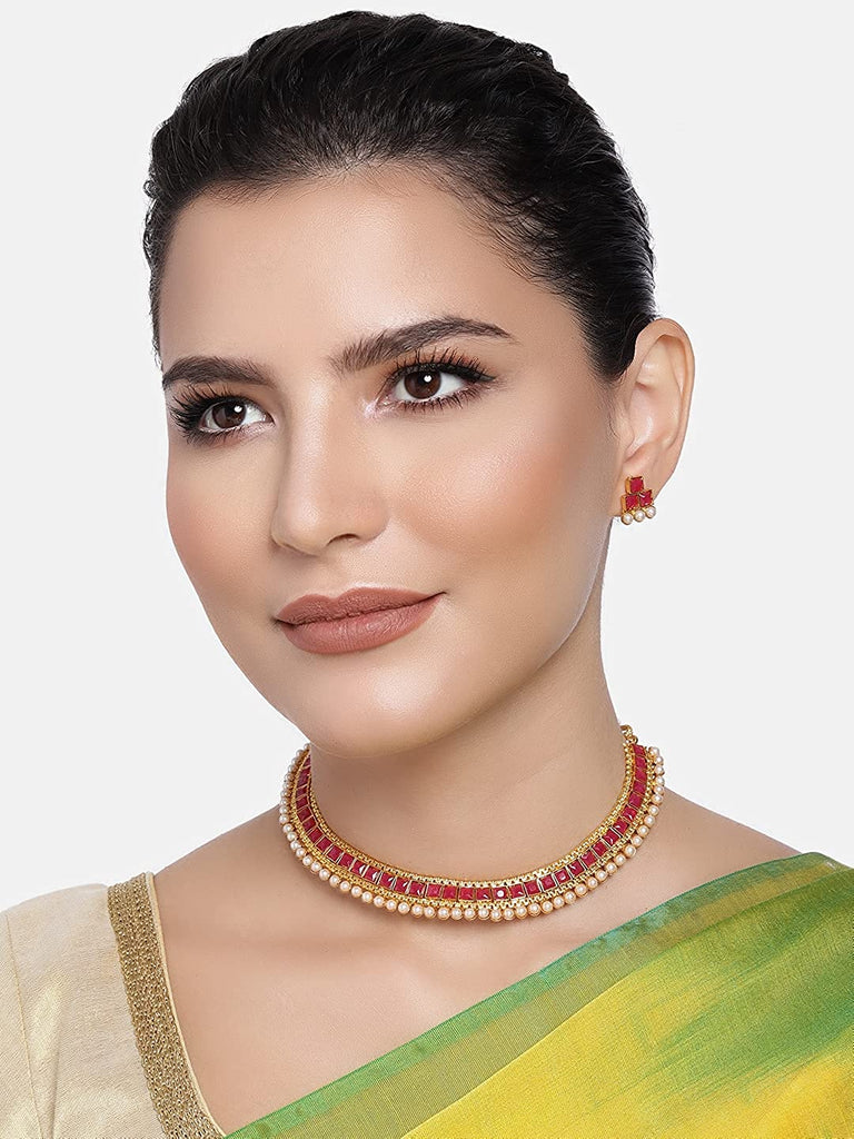 Women's Gold Plated Traditional Pink Choker Necklace Jewellery Set