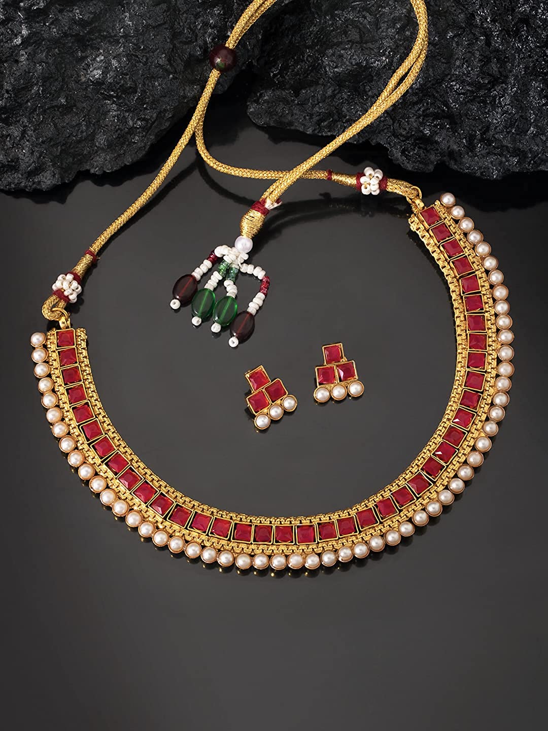 Women's Gold Plated Traditional Pink Choker Necklace Jewellery Set