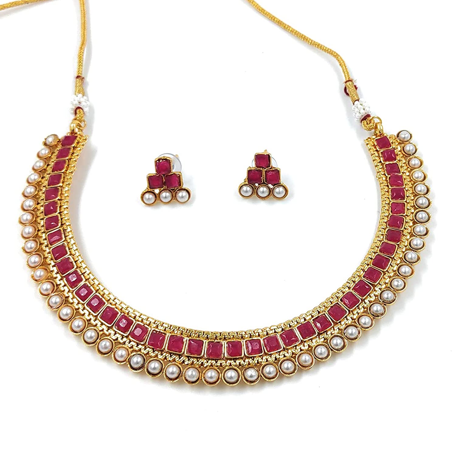 Women's Gold Plated Traditional Pink Choker Necklace Jewellery Set  - I Jewels