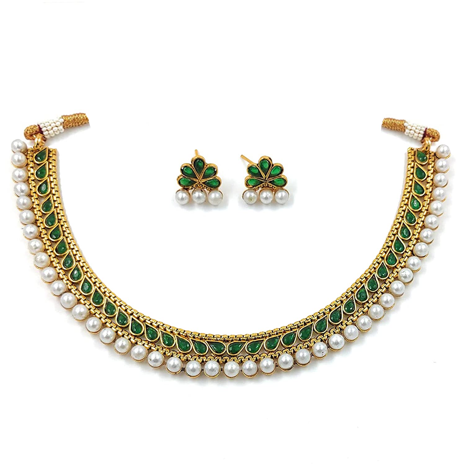 Women's Gold Plated Traditional Green Choker Necklace Jewellery Set  - I Jewels