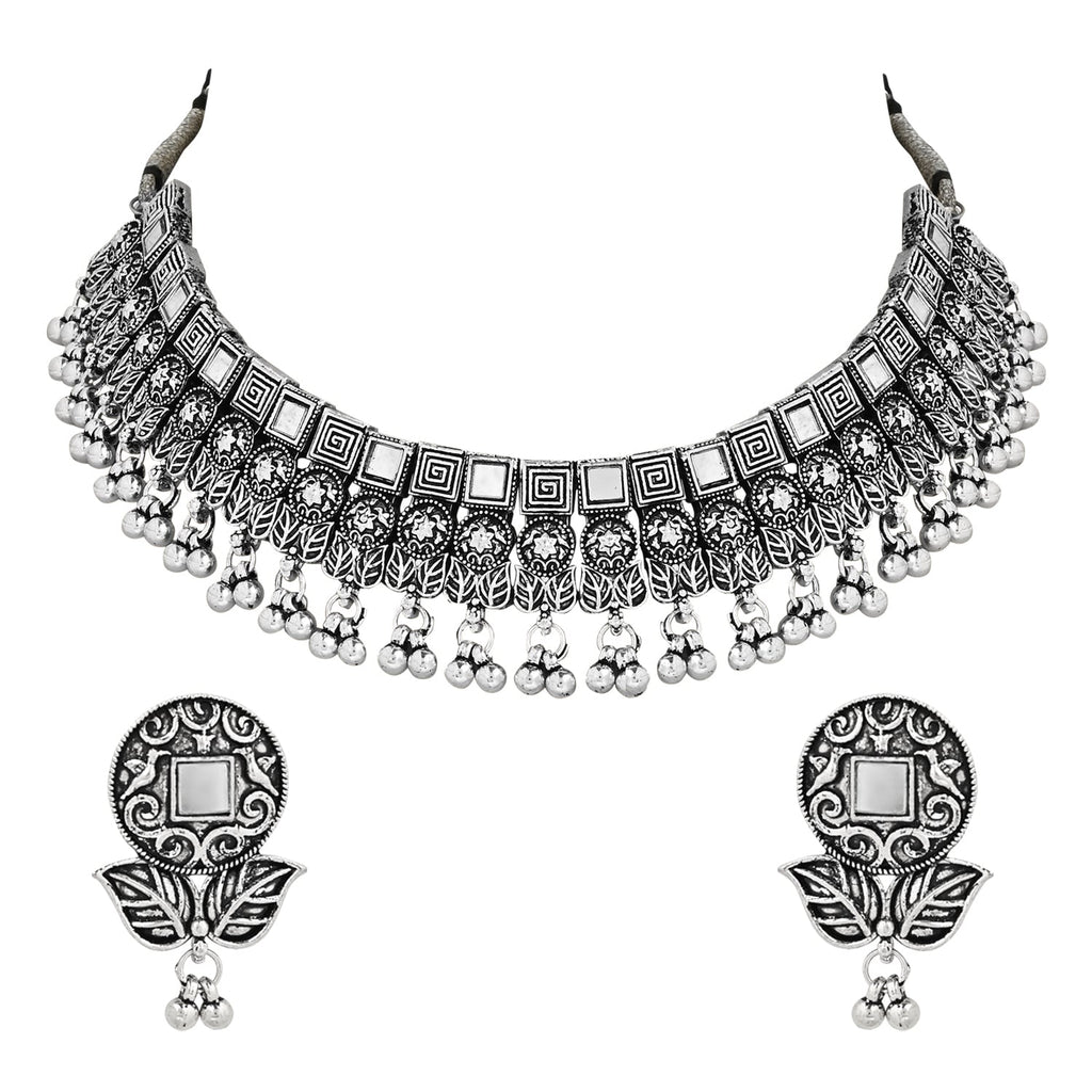 Women's Antique Silver Oxidized Ethnic Traditional Afghani Choker Necklace Jewellery Set