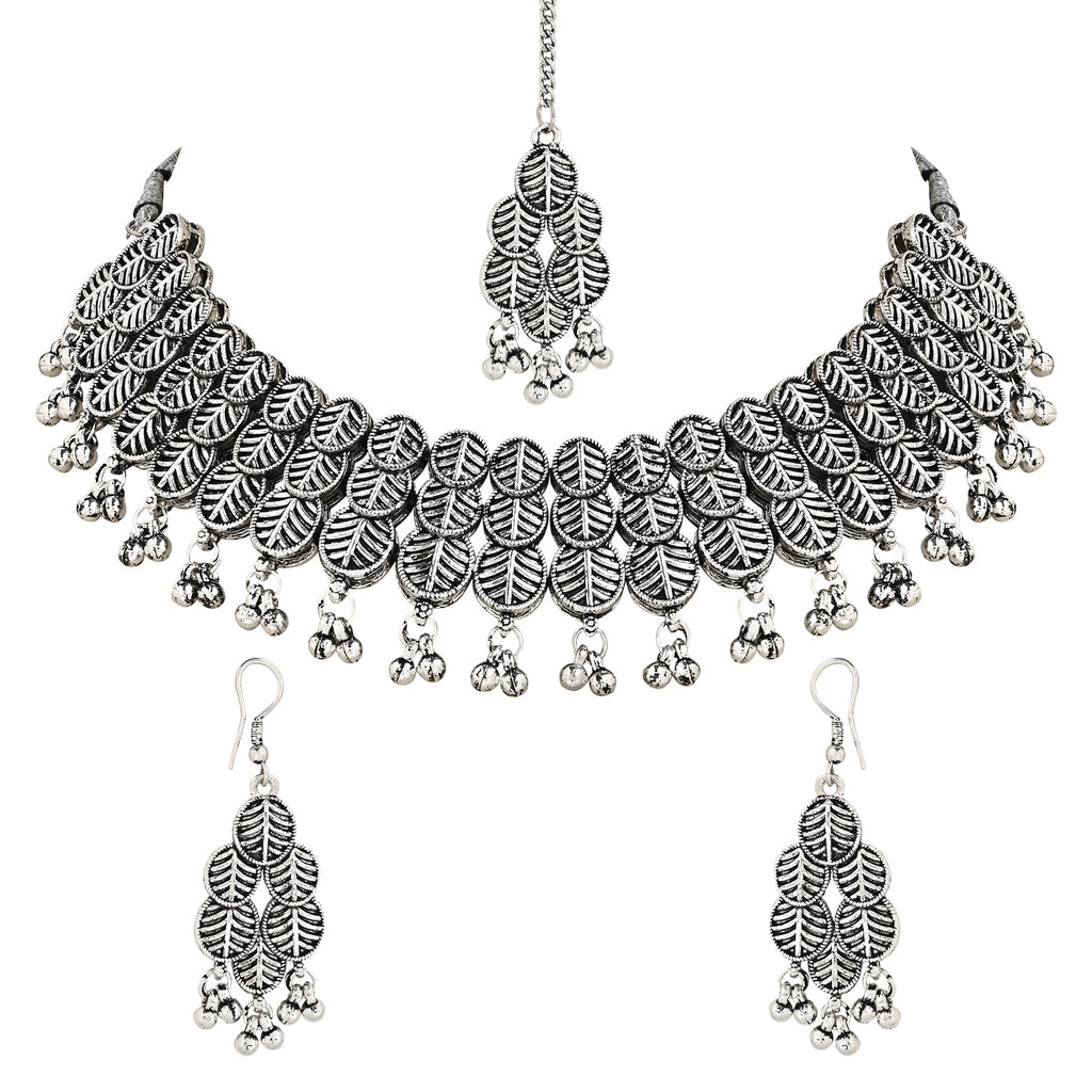 Women's Antique Silver Oxidized Ethnic Traditional Afghani Choker Necklace Jewellery Set