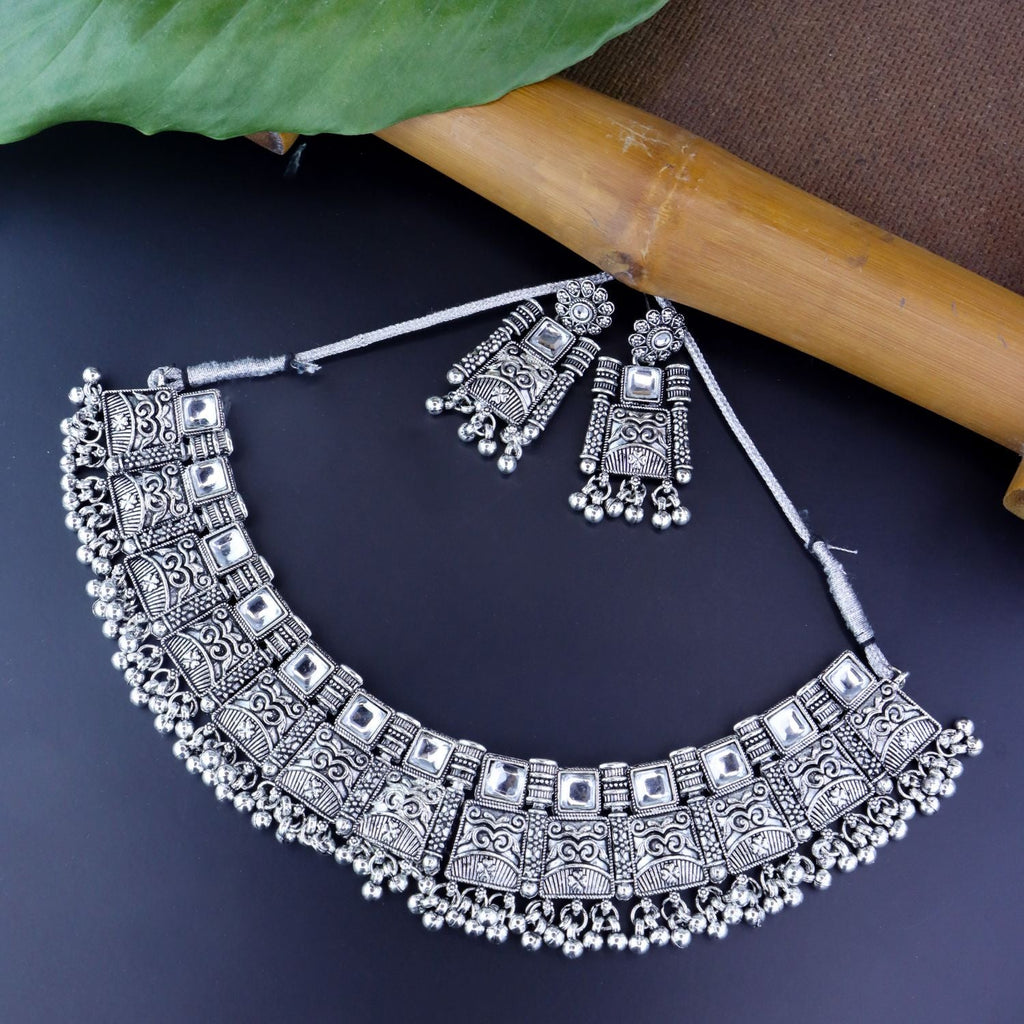 Women's Antique Silver Oxidized Ethnic Traditional Afghani Choker Necklace Jewellery Set