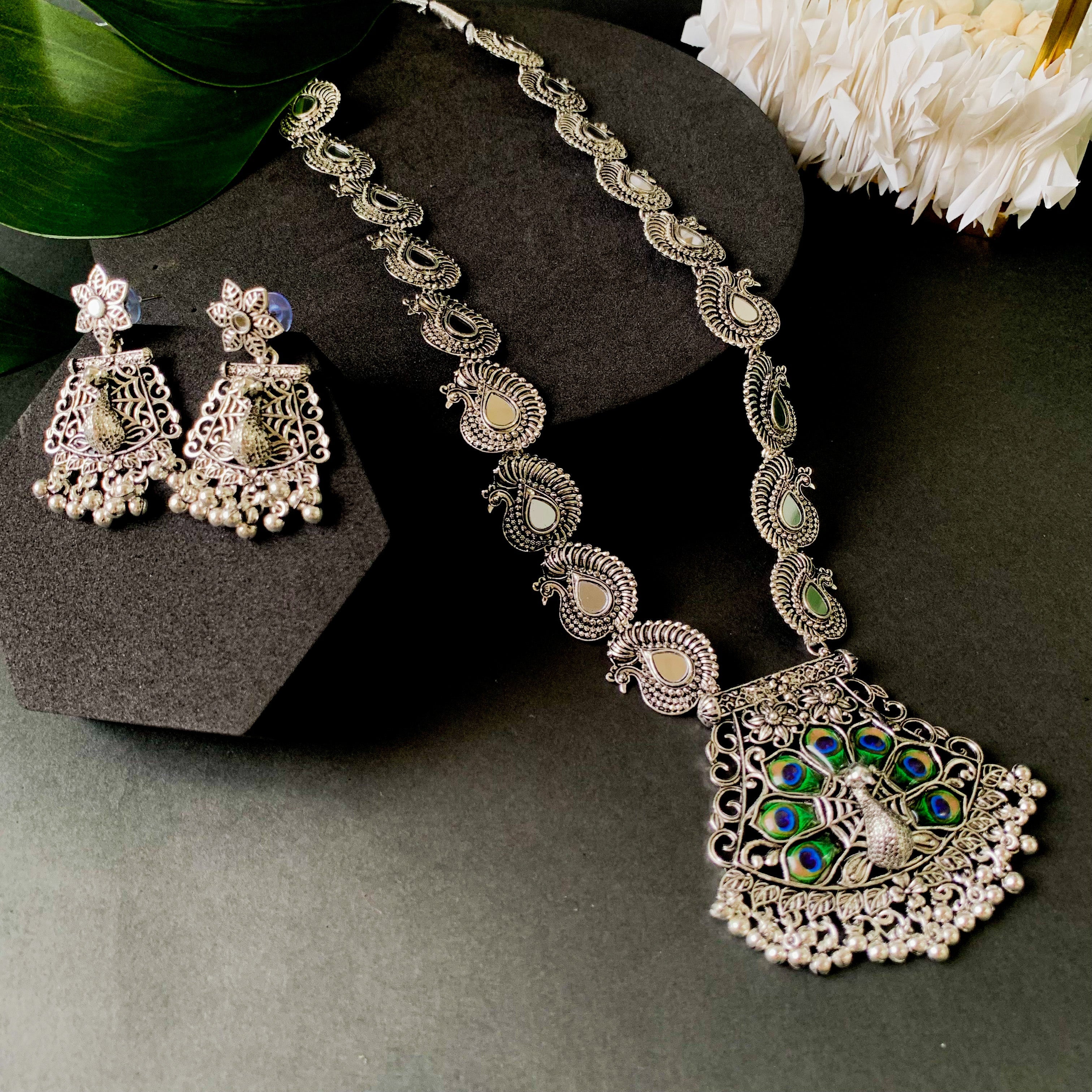 Women's Navratri Ethnic Stylish Boho Silver Oxidised Chain Pendant Long Necklace Jewellery Set