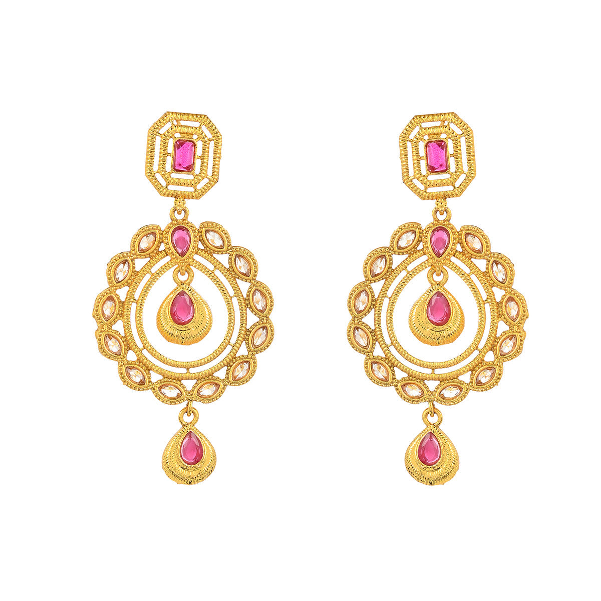 Women's Traditional Kundan Adorned Cutwork Design Brass Gold Plated Drop Earrings - Voylla