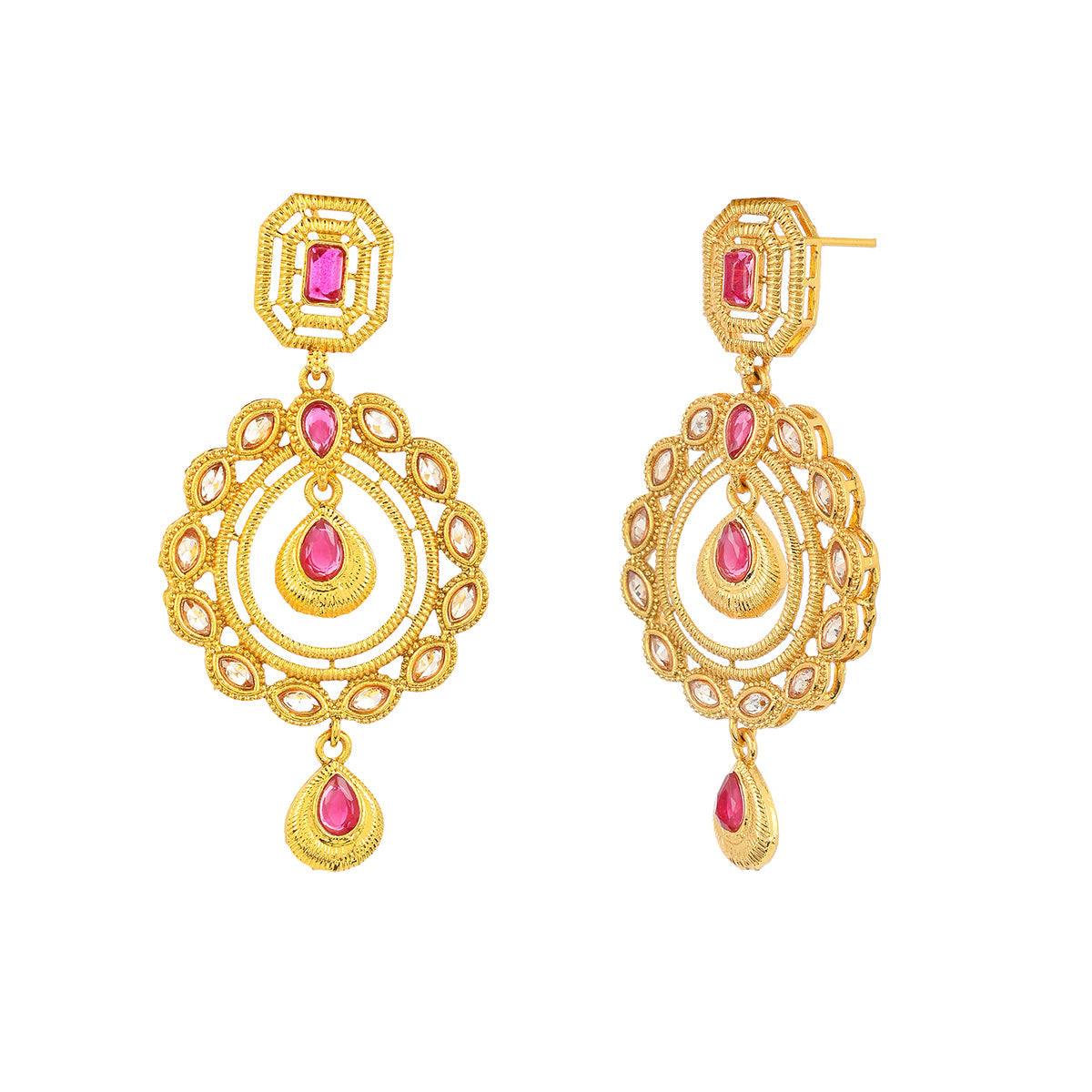 Women's Traditional Kundan Adorned Cutwork Design Brass Gold Plated Drop Earrings - Voylla