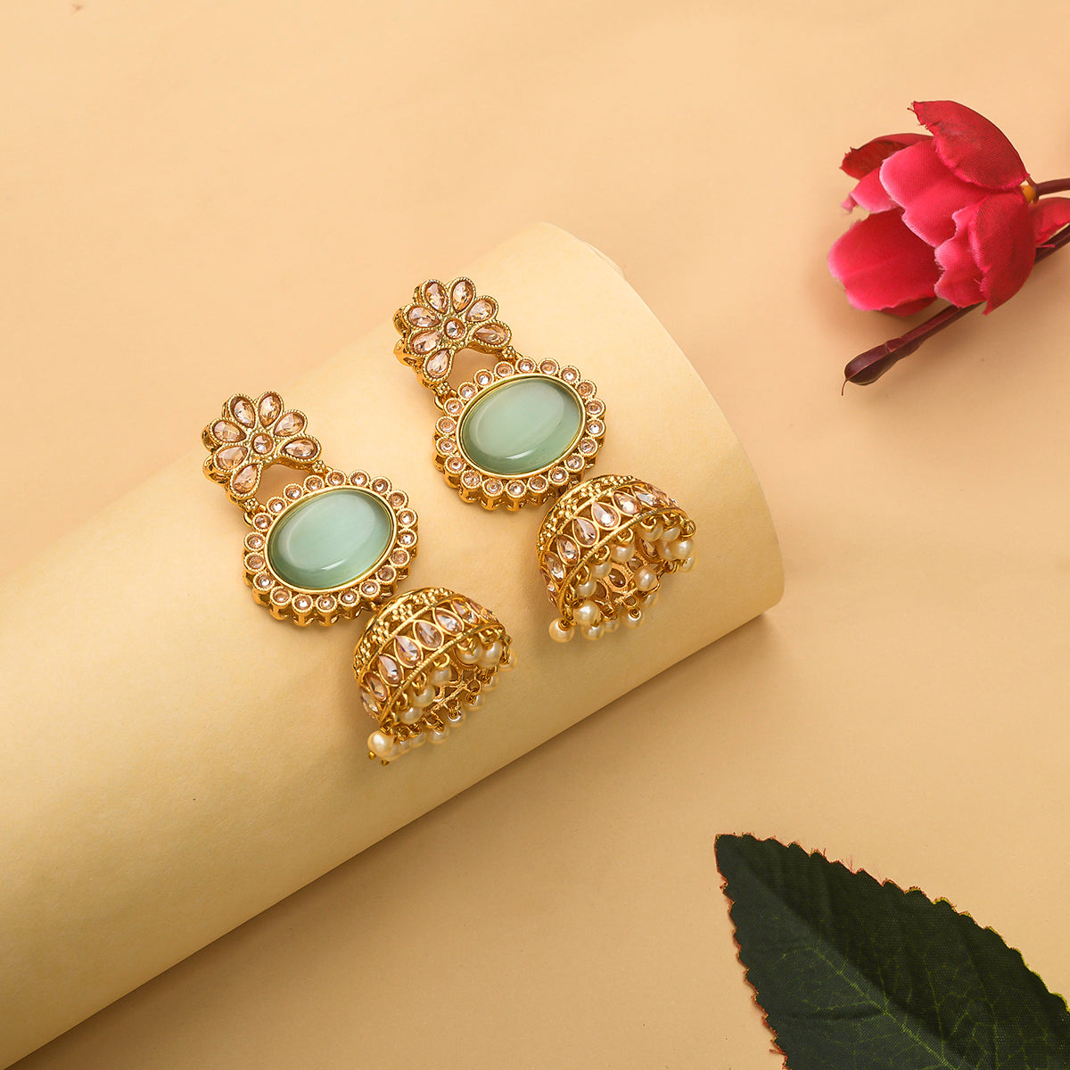 Women's Teardrop Kundan And Faux Pearls Gold Plated Brass Jhumka Earrings - Voylla