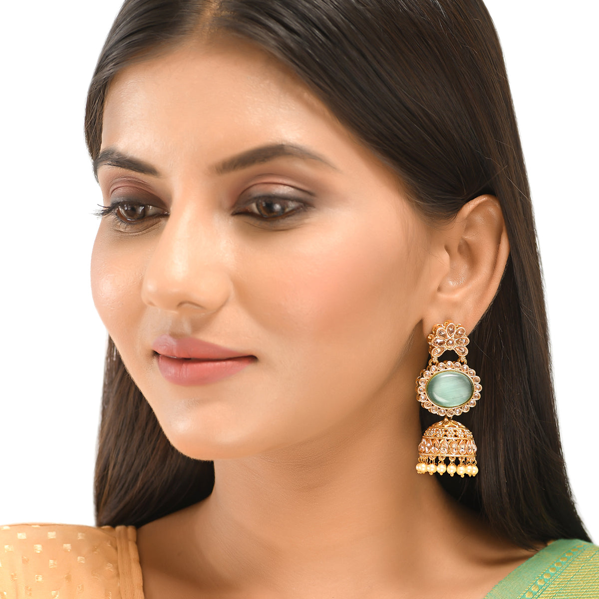 Women's Teardrop Kundan And Faux Pearls Gold Plated Brass Jhumka Earrings - Voylla