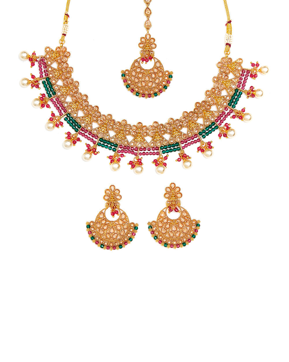 Women's Gold Opulence Gold Finish Maang Tika Set With Maroon And Green Colours - Voylla