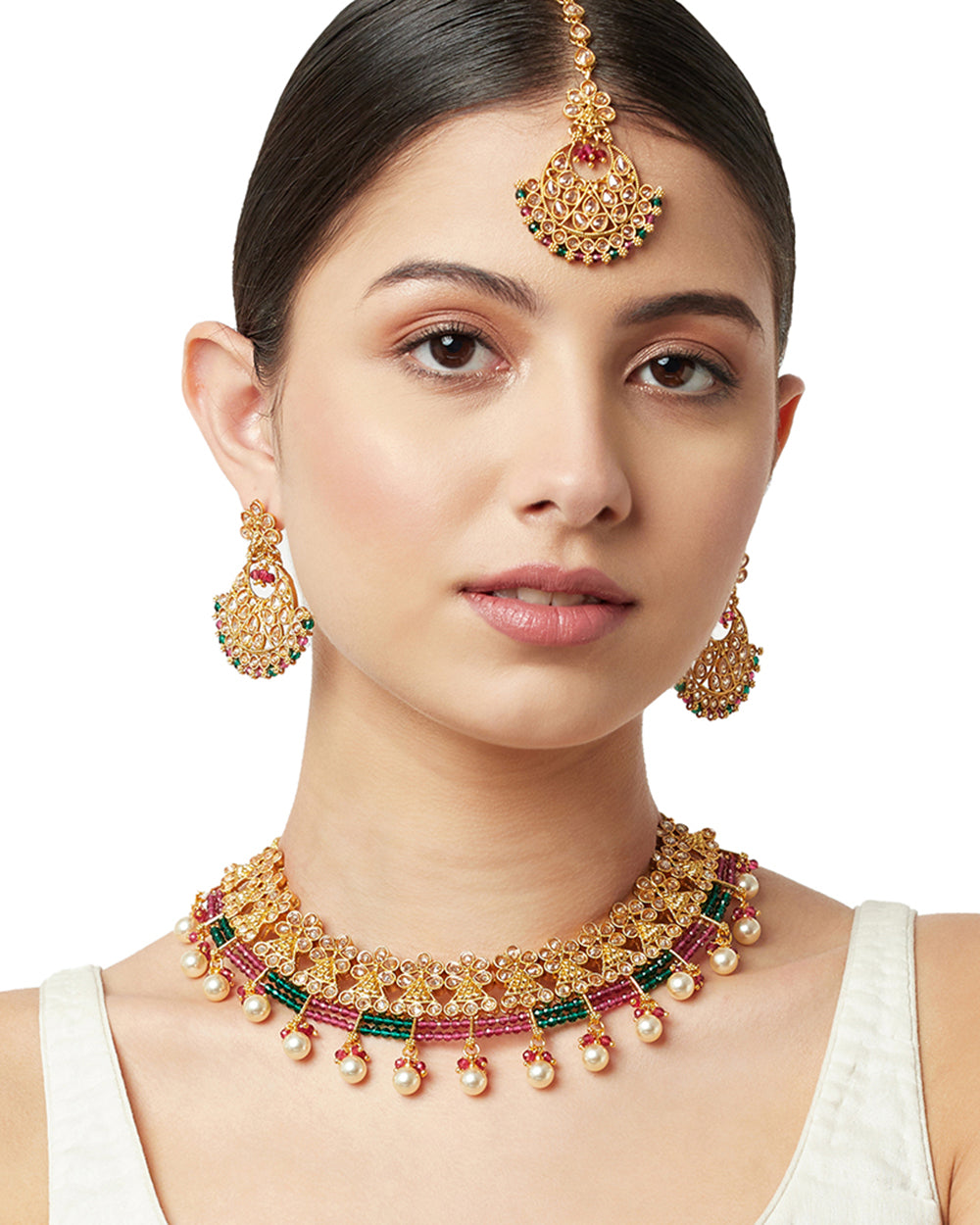 Women's Gold Opulence Gold Finish Maang Tika Set With Maroon And Green Colours - Voylla