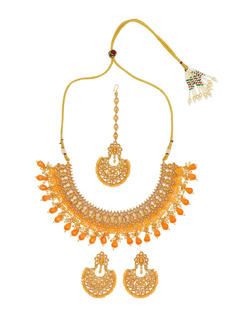 Women's Gold Finish Mang Tika Set With Peach Colour Pearls And Gold Finish - Voylla