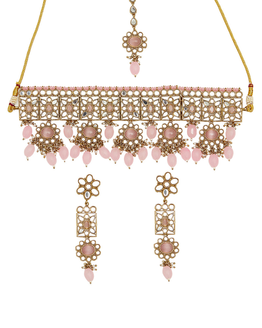 Women's Gold Oppulence Pink Tumble Beads Maang Tika Set - Voylla