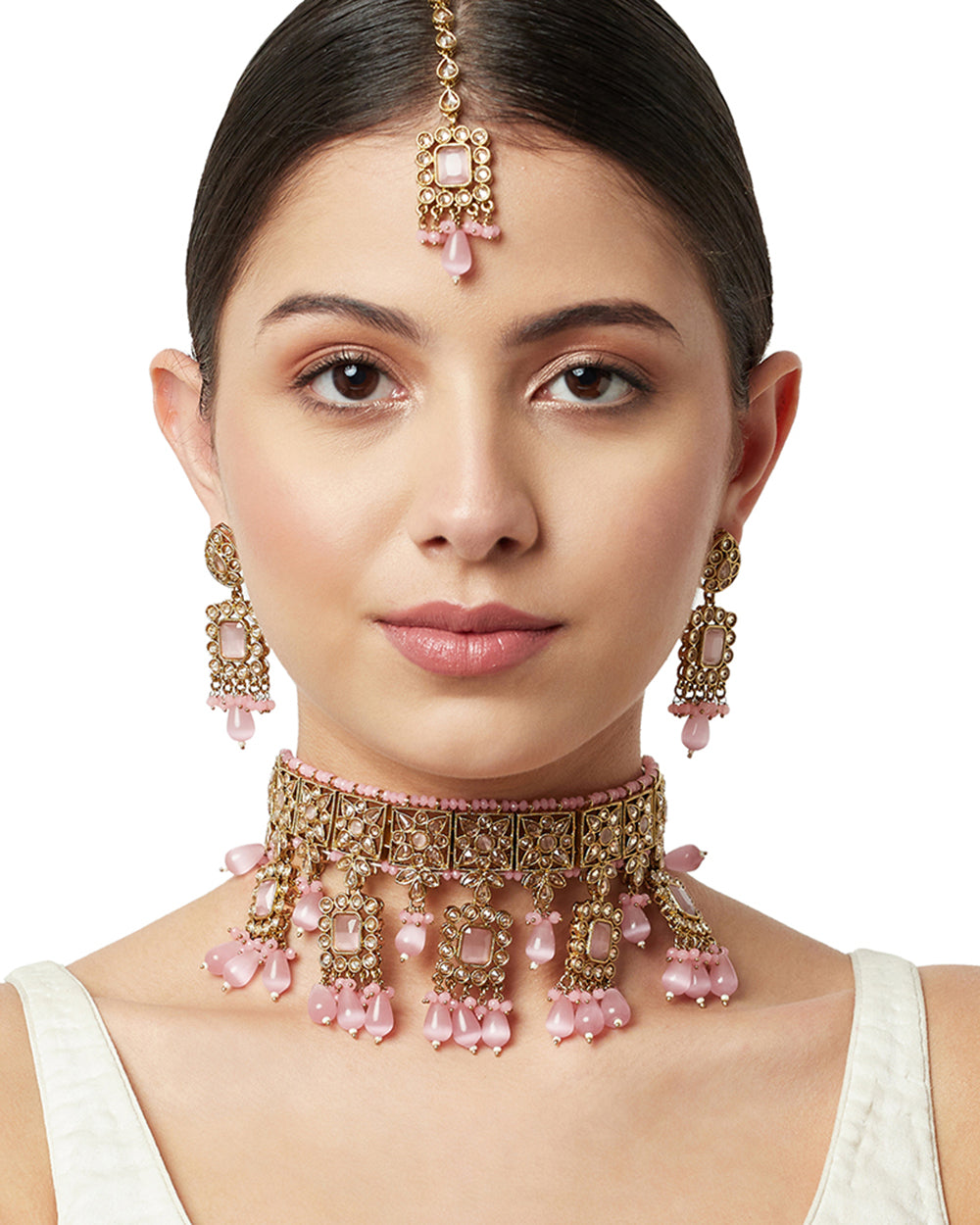 Women's Gold Plated Necklace With Glamorising Pink Gemstones - Voylla